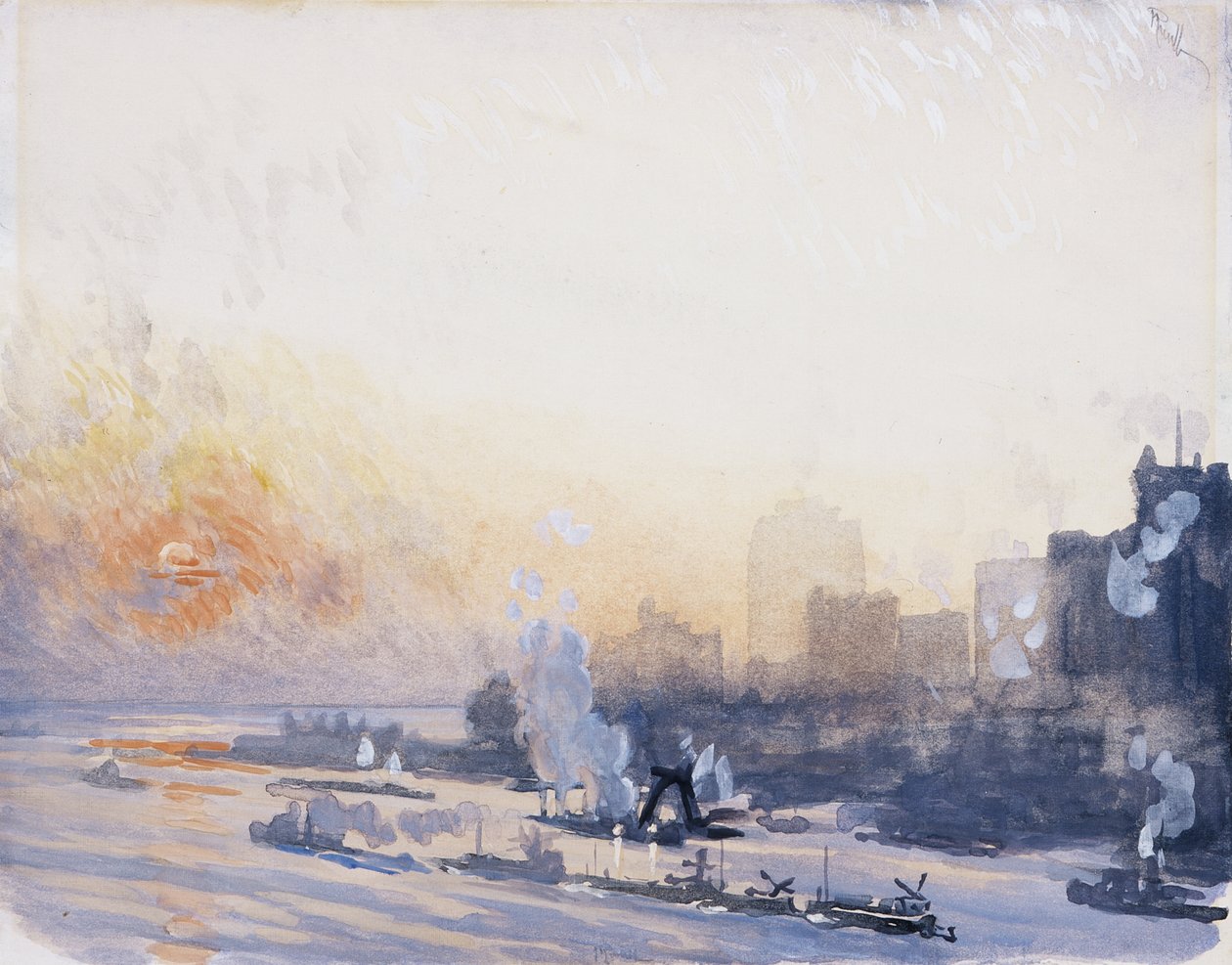 Winterzonsondergang, de haven van New York door Joseph Pennell