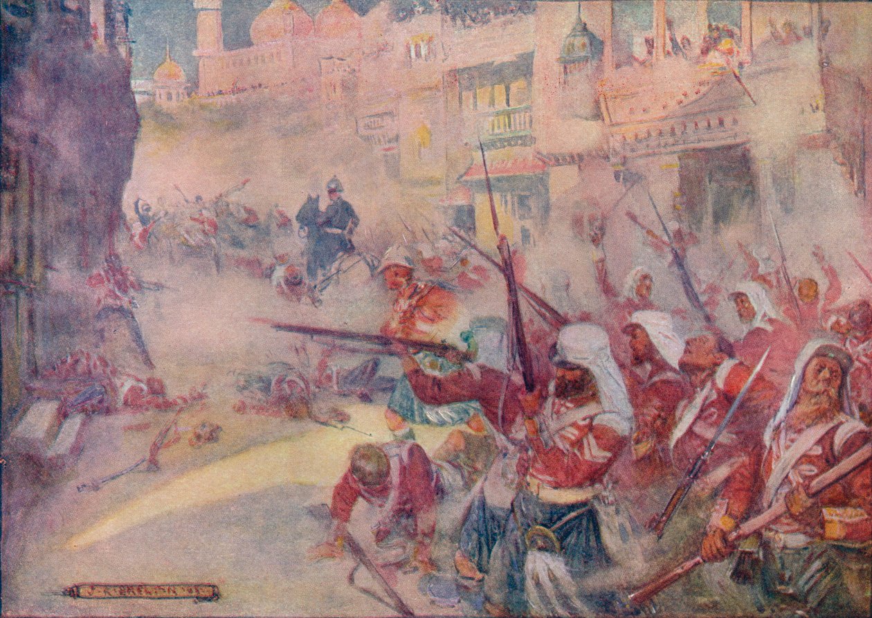 Britse soldaten vechten zich een weg door de straten, 1908, ca. 1920 door Joseph Ratcliffe Skelton