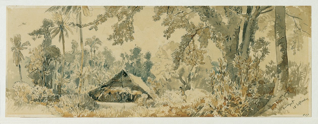 Inheemse hut op het eiland Puinipet (Ponape), Caroline-eilanden door Joseph Selleny