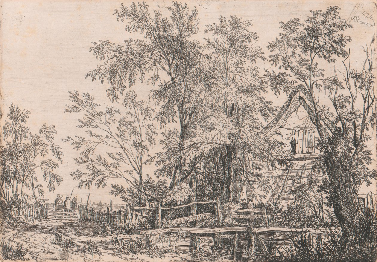 Vervallen huisje in landschap met figuren door Joseph Stannard