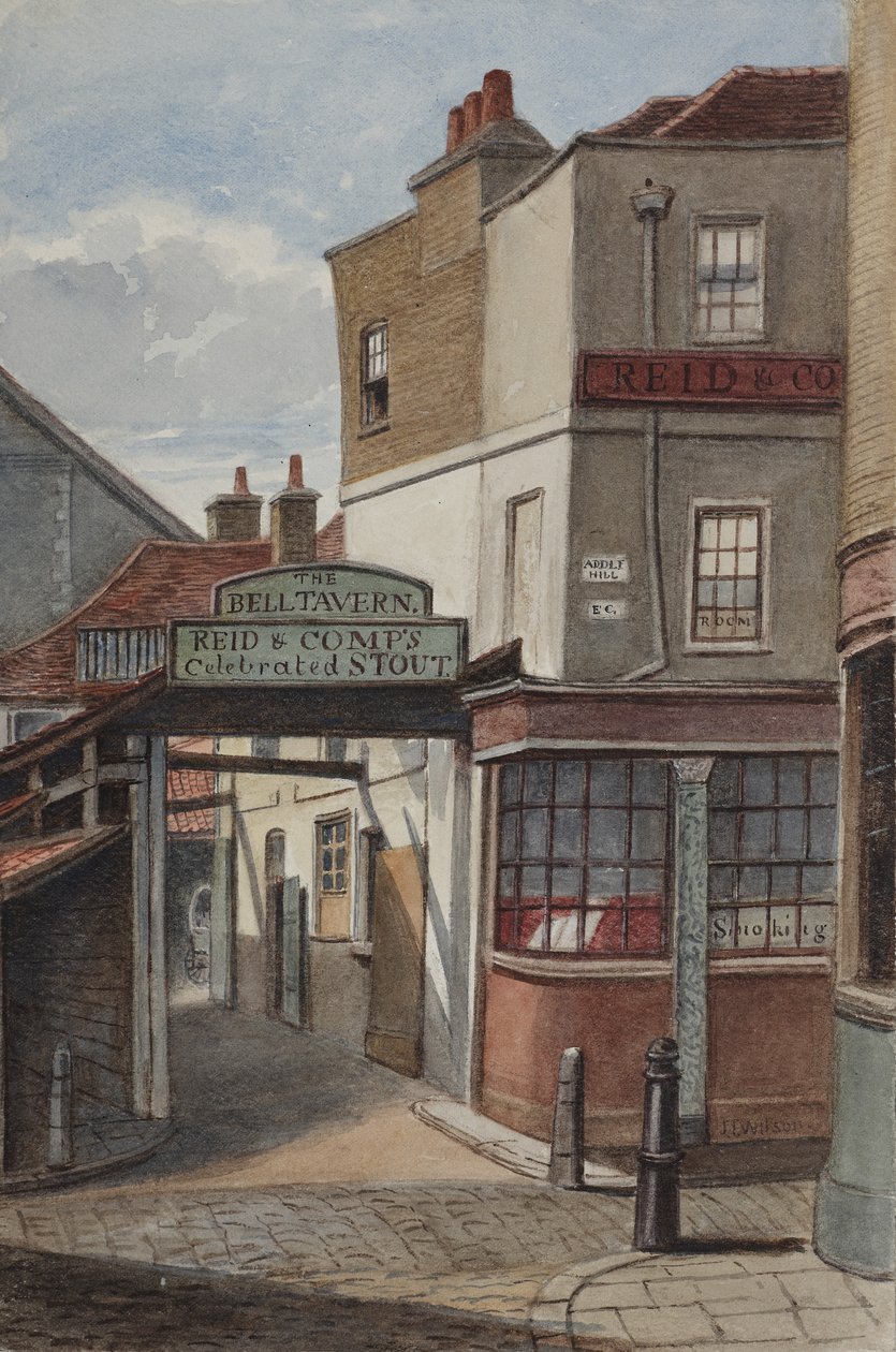 Uitzicht op Bell Tavern, Addle Hill, met bord voor Reid en Companys beroemde stout, en een stoeppaal, 1868 door Joseph Thomas Wilson