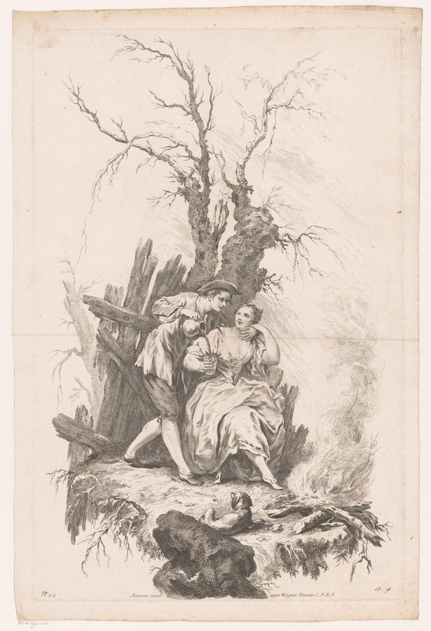 Man en vrouw met hond bij een vuur door Joseph Wagner (possibly)