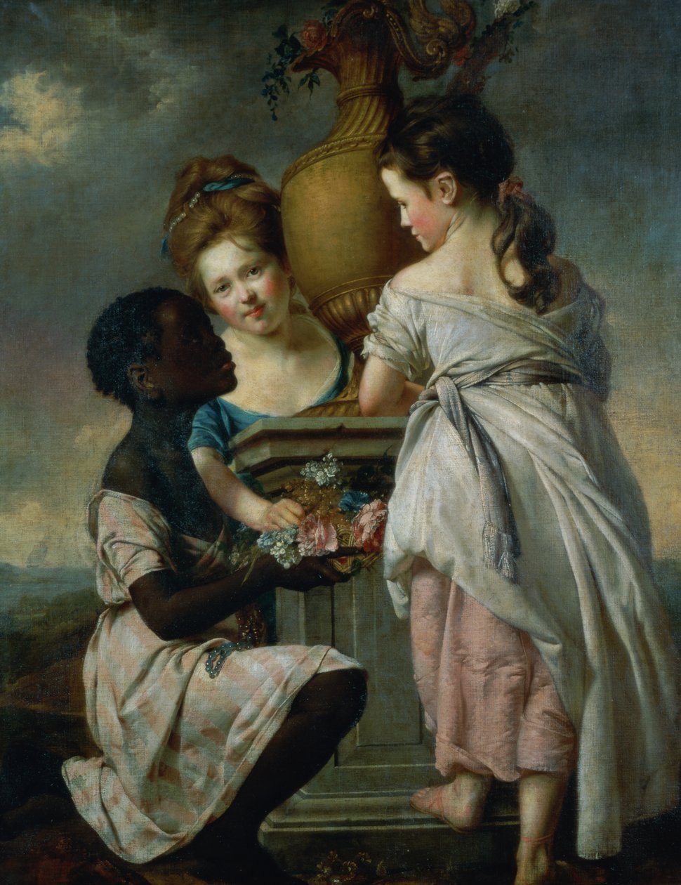 Een gesprek tussen meisjes, of Twee meisjes met hun zwarte dienaar, 1770 door Joseph Wright of Derby