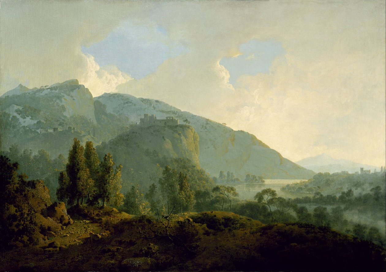 Italiaans landschap met bergen en een rivier door Joseph Wright of Derby