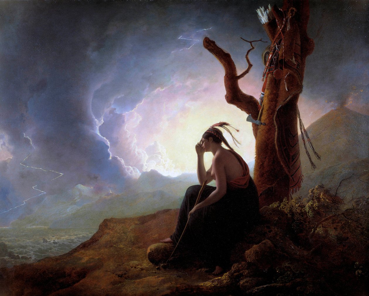 De weduwe van een Indiaanse hoofdman waakt over de wapens van haar man door Joseph Wright of Derby