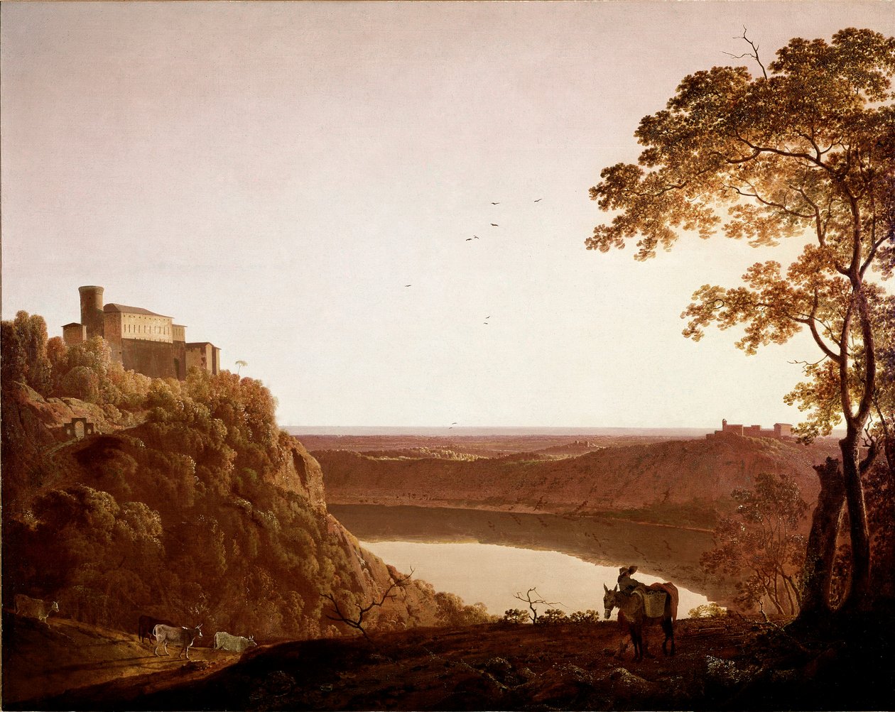 Uitzicht op het Meer van Nemi bij schemering door Joseph Wright of Derby