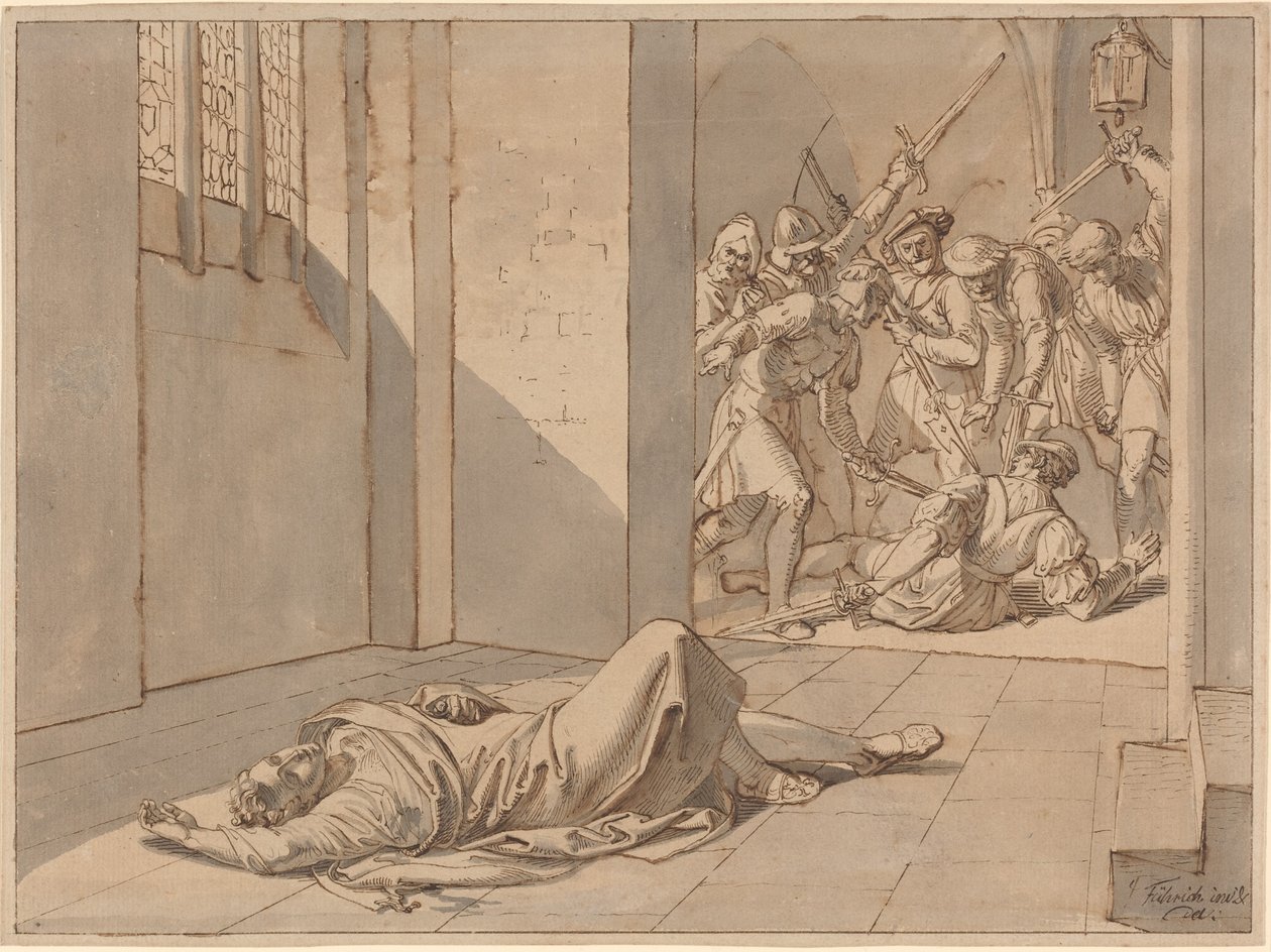 De moord op koning Wenzel III (pen en zwarte inkt met grijs en lichtbruin gewassen) door Joseph von Fuhrich