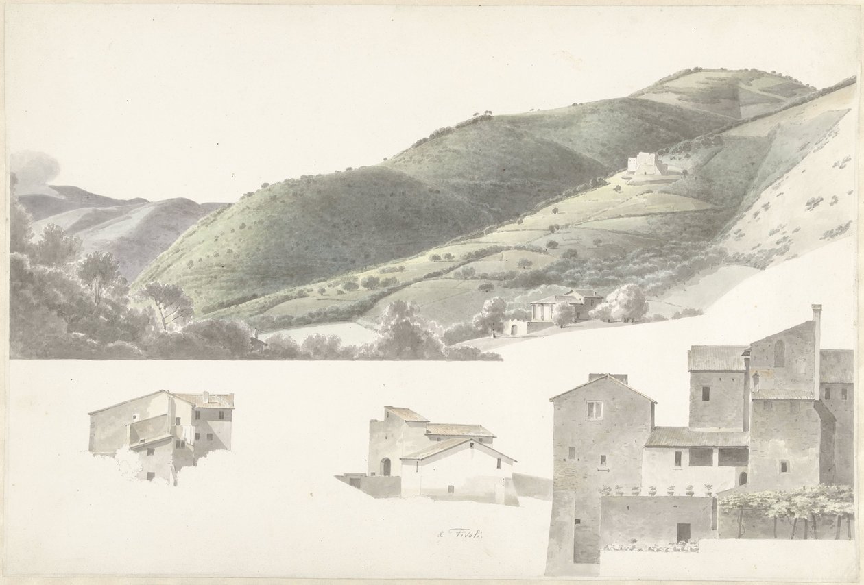 Landschap en enkele huizen bij Tivoli door Josephus Augustus Knip