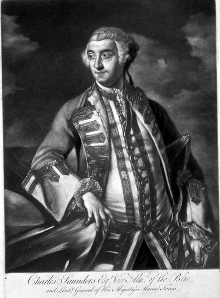 Portret van admiraal Sir Charles Saunders, vice-admiraal van het blauwe eskader, gegraveerd door James McArdell door Joshua (after) Reynolds