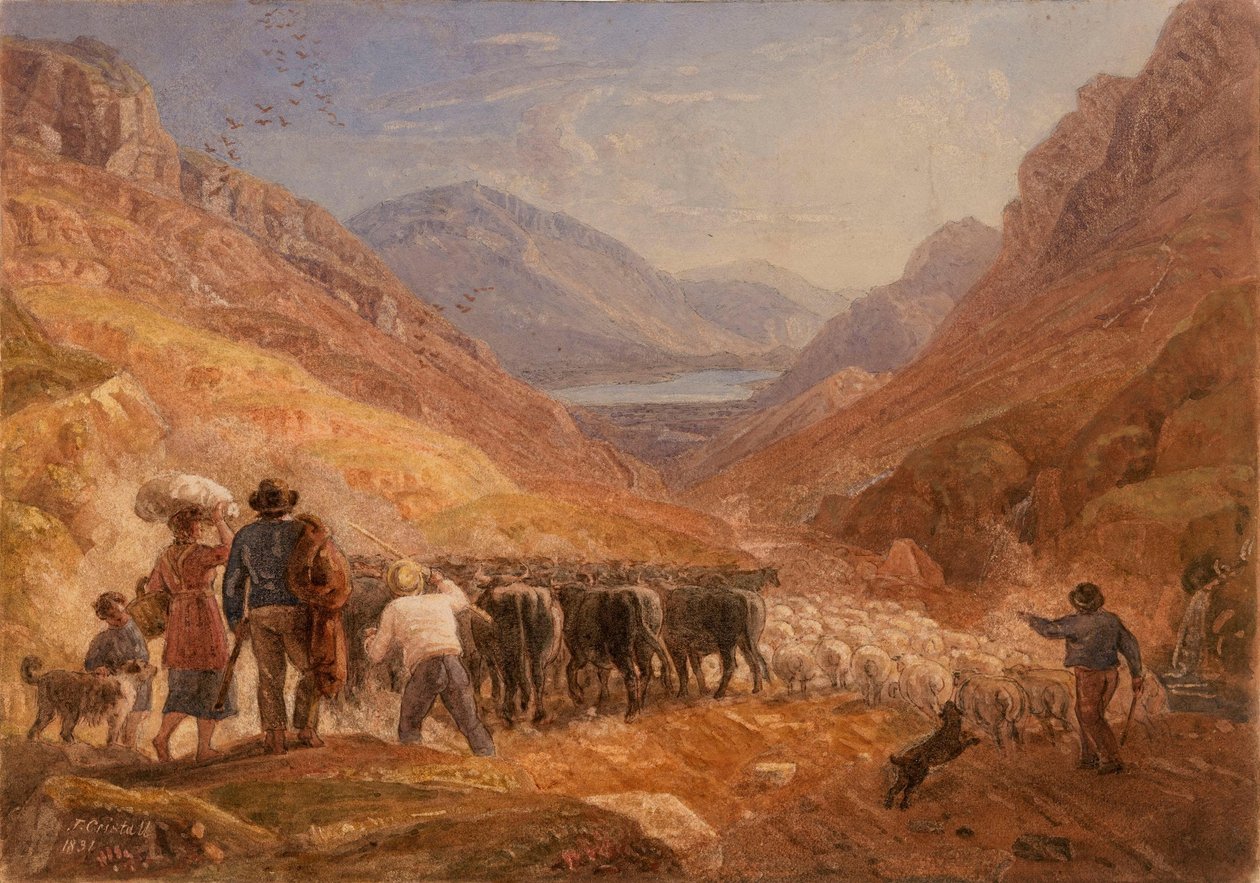 Herders drijven runderen en schapen door de Tal-y-Llyn-pas, Wales door Joshua Cristall