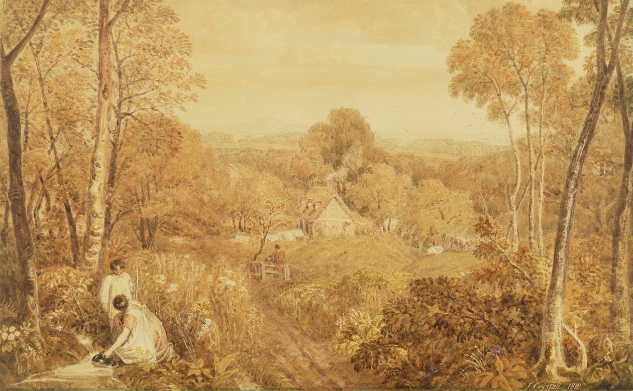 Boslandschap met huisjes en plattelandsvrouwen, Hurley, Berks, 1818 door Joshua Cristall