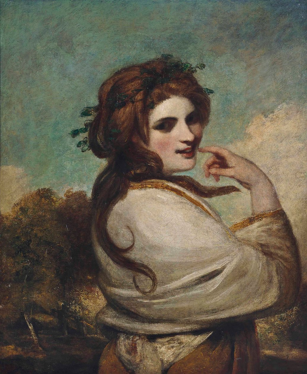 Portret van Emma, Lady Hamilton, als een Bacchante, halflang, in een gele jurk en witte sjaal, in een landschap door Joshua Reynolds