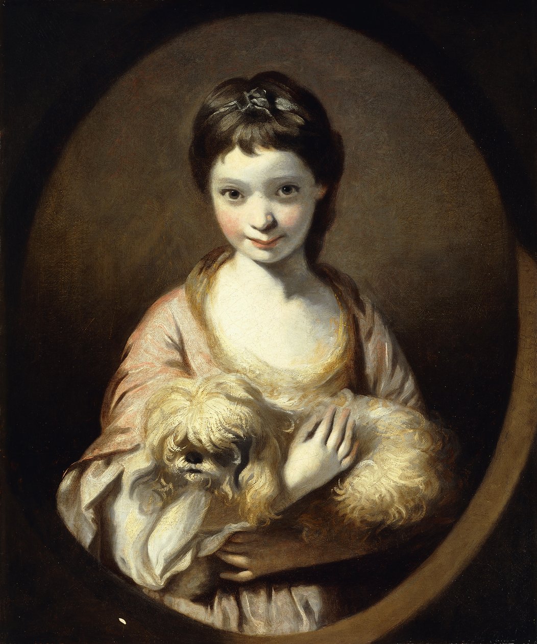 Portret van juffrouw Emilia Vansittart, halflang, in een roze en witte jurk met een hond, c.1767-68 door Joshua Reynolds