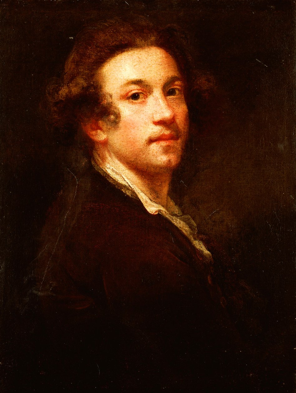 Zelfportret, halve lengte, over zijn schouder kijkend, in een bruine jas en wit shirt, c.1750-52 door Joshua Reynolds