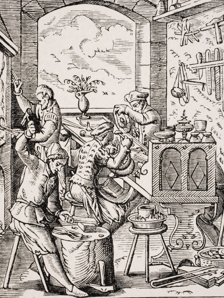 Goudsmid, reproductie van 16e-eeuwse houtsnede door Jost Amman door Jost (after) Amman
