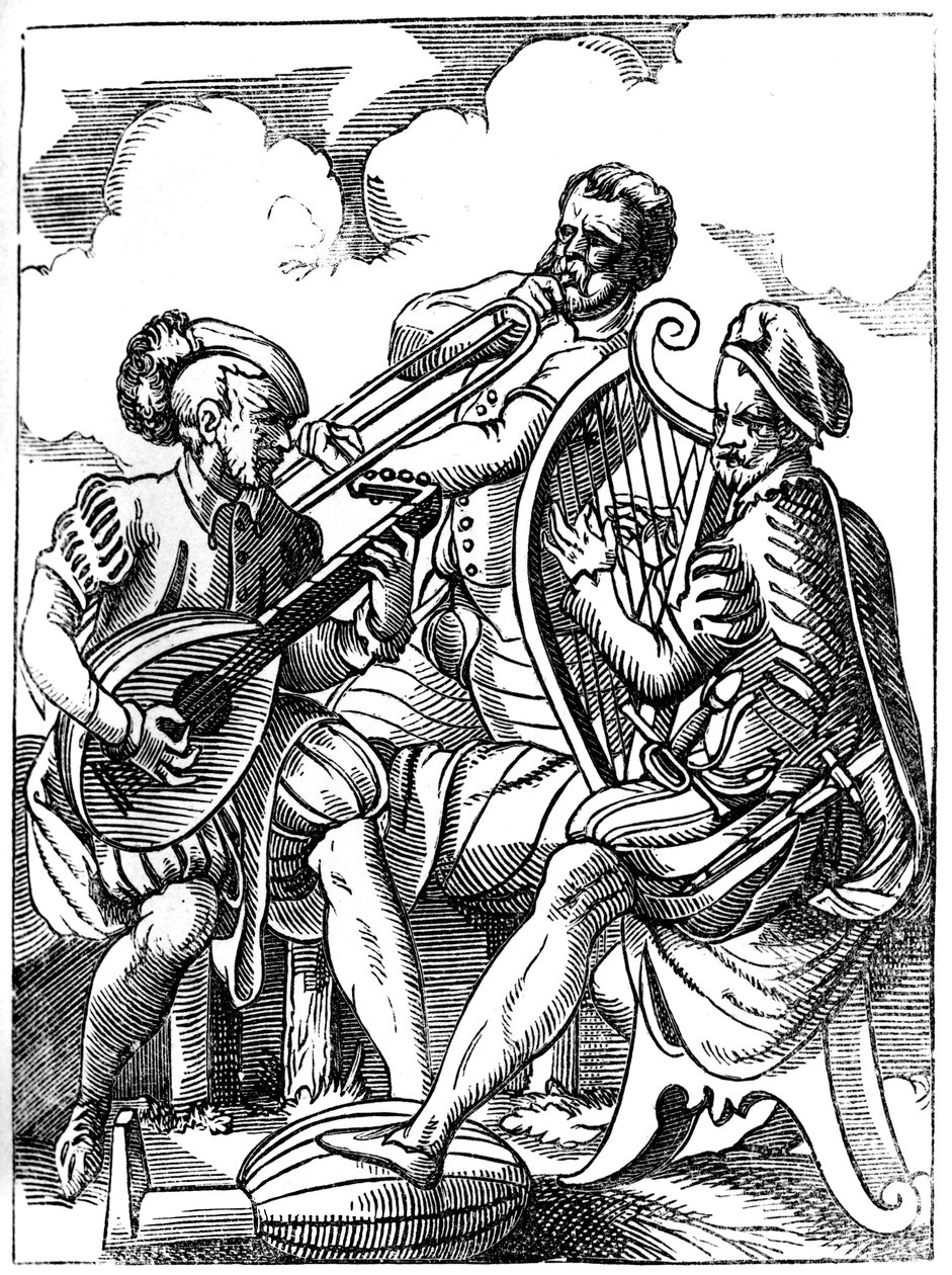 Een gitarist, een luitspeler en een trombonist, 16e eeuw 1849 door Jost Amman