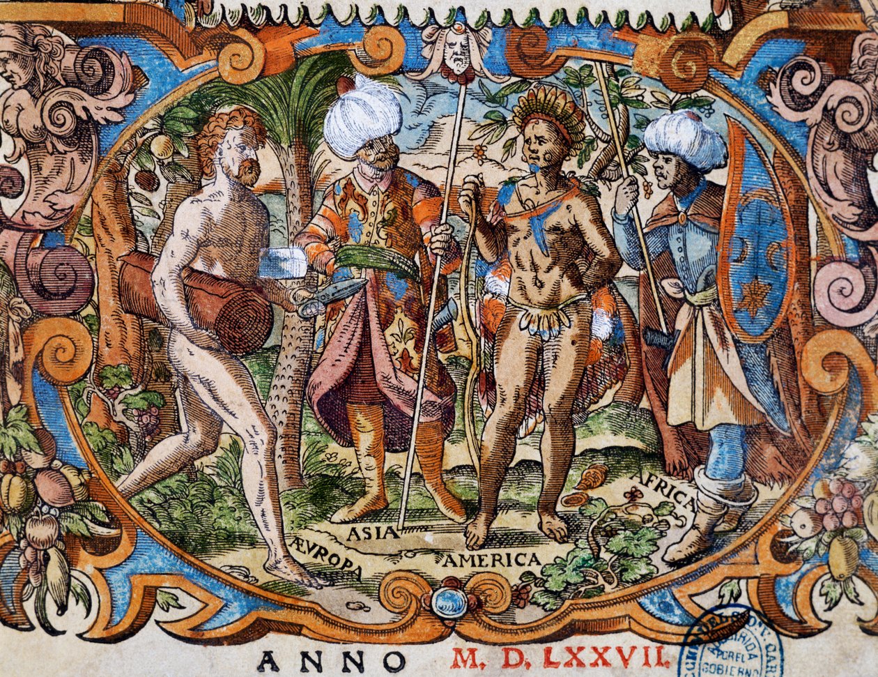 Vier continenten, detail van titelpagina, gravure door Jost Amman door Jost Amman