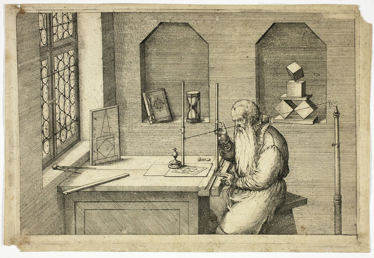 Portret van Wenzel Jamnitzer in zijn studeerkamer door Jost Amman