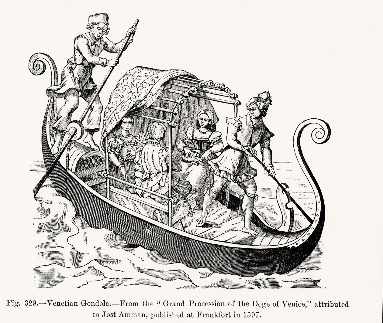 Venetiaanse gondel, uit de Grote Processie van de Doge van Venetië, illustratie uit Wetenschap en Literatuur in de Middeleeuwen en de Renaissance, geschreven en gegraveerd door Paul Lacroix door Jost (after) Amman