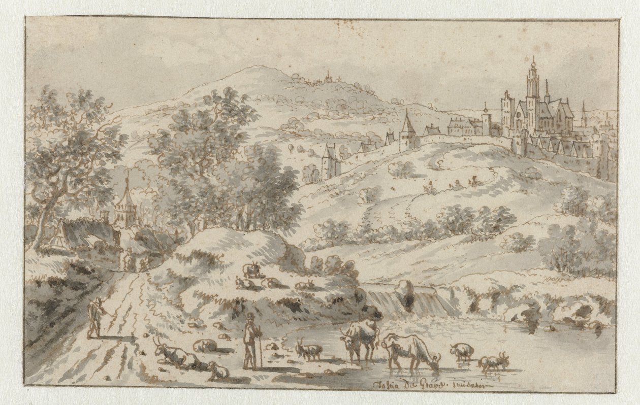 Bergachtig landschap met een stad op een heuvel door Josua de Grave
