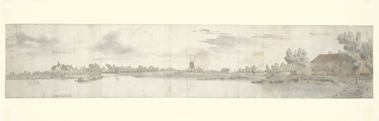 Panoramisch uitzicht op Kasteel Ooij en het Tolhuis, Noord-Brabant door Josua de Grave