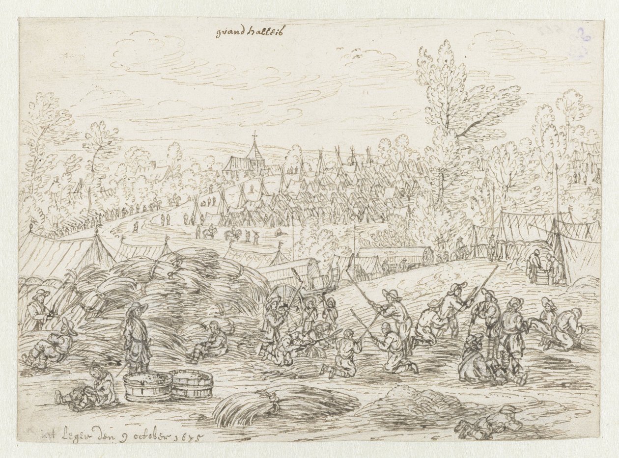 Gezicht op een kampement van het leger van Willem III bij Grand-Hallet, Luik door Josua de Grave