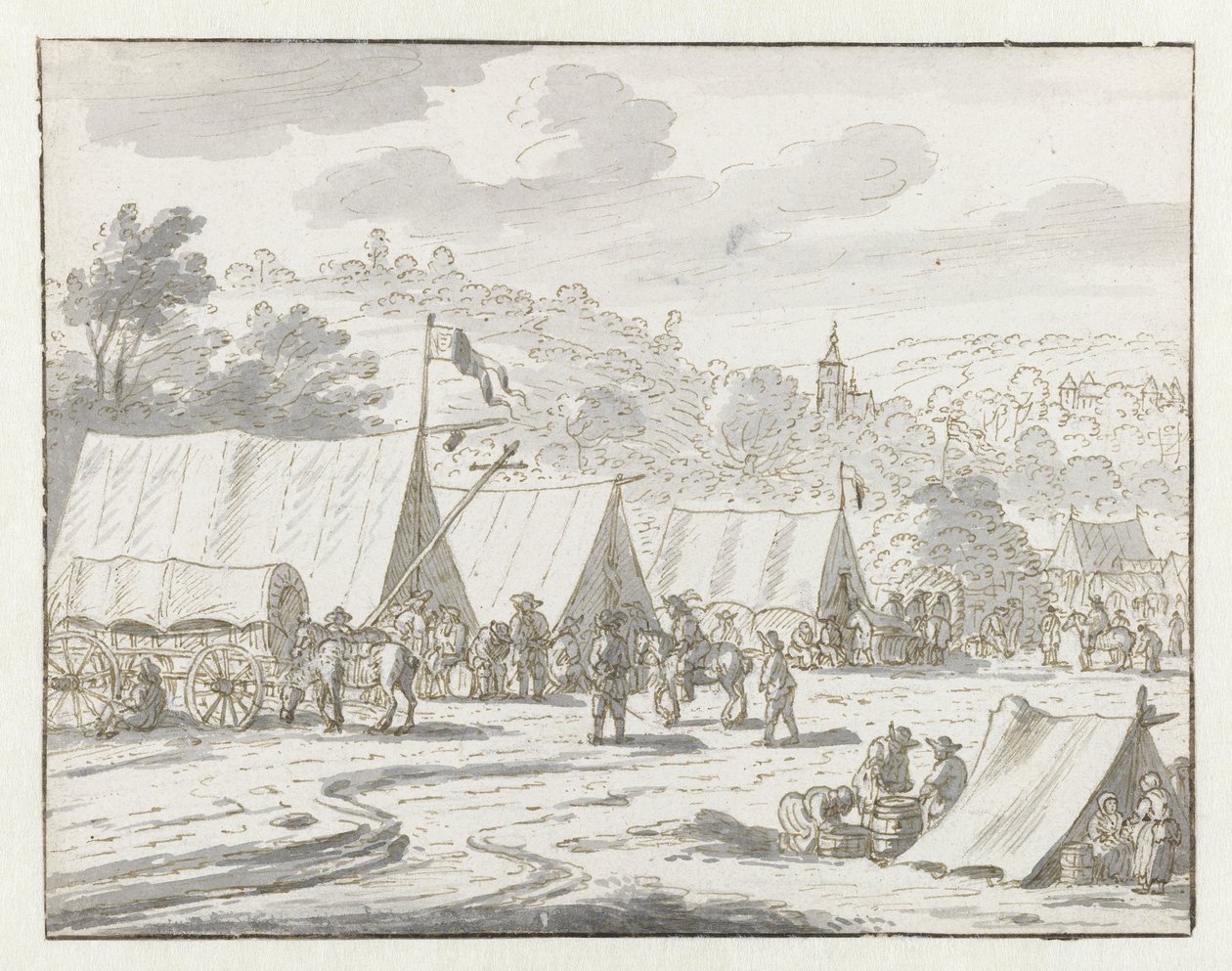Gezicht op een kampement van het leger van Willem III nabij Lembeek, Vlaams-Brabant door Josua de Grave