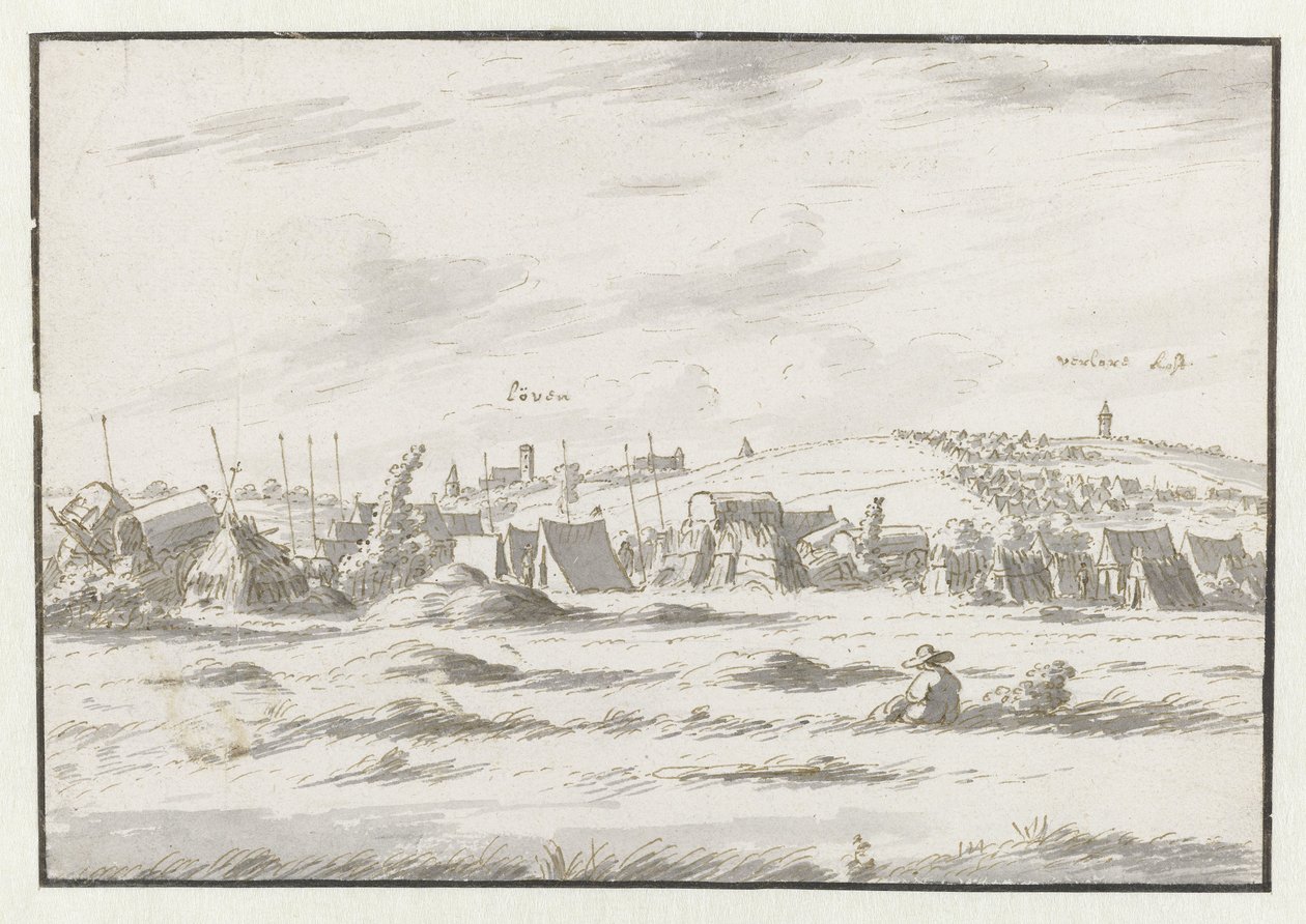 Gezicht op een kampement van het leger van Willem III bij Leuven door Josua de Grave
