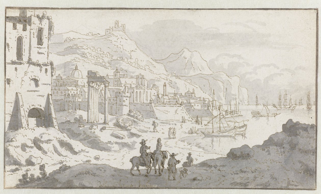 Gezicht op een denkbeeldige Italiaanse haven door Josua de Grave