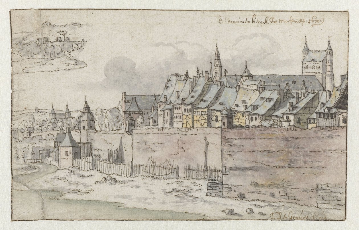 Gezicht op de muren van Maastricht met de Onze-Lieve-Vrouwekerk op de achtergrond door Josua de Grave