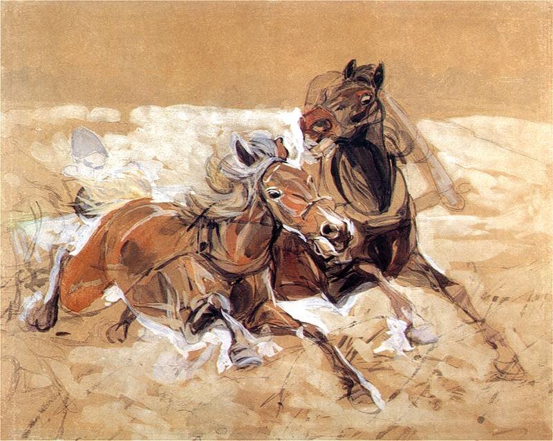Paarden trekken naar schilderij Wolvenaanval door Jozef Marian Chemonski