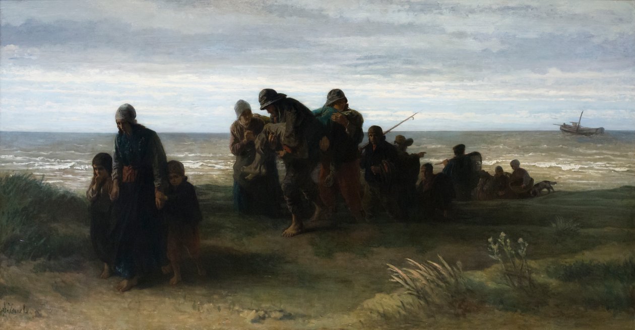 Vissers dragen een verdronken man door Jozef (1824-1911) Israels