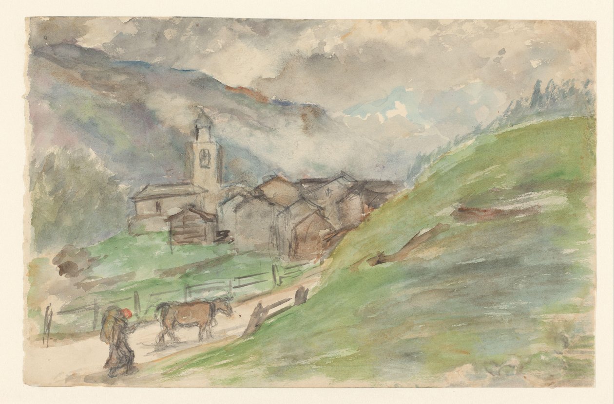 Bergdorpje met kerk door Jozef Israëls