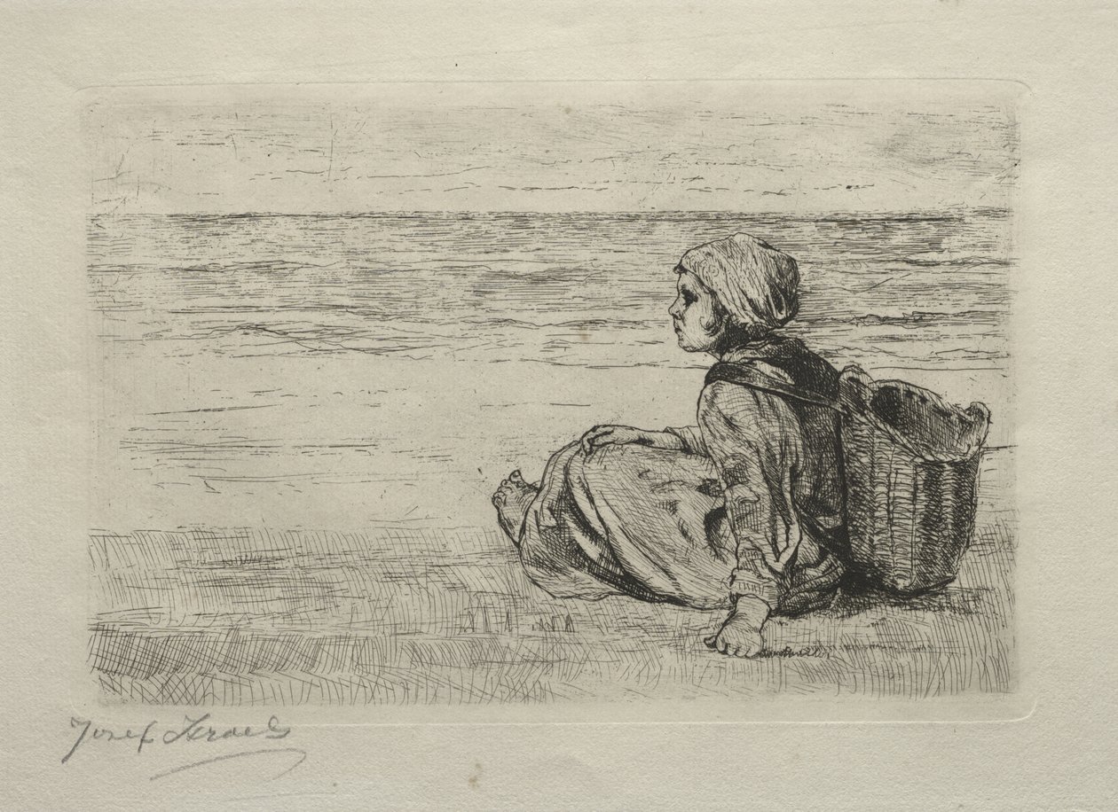 Meisje met mand zittend aan de kust door Jozef Israëls