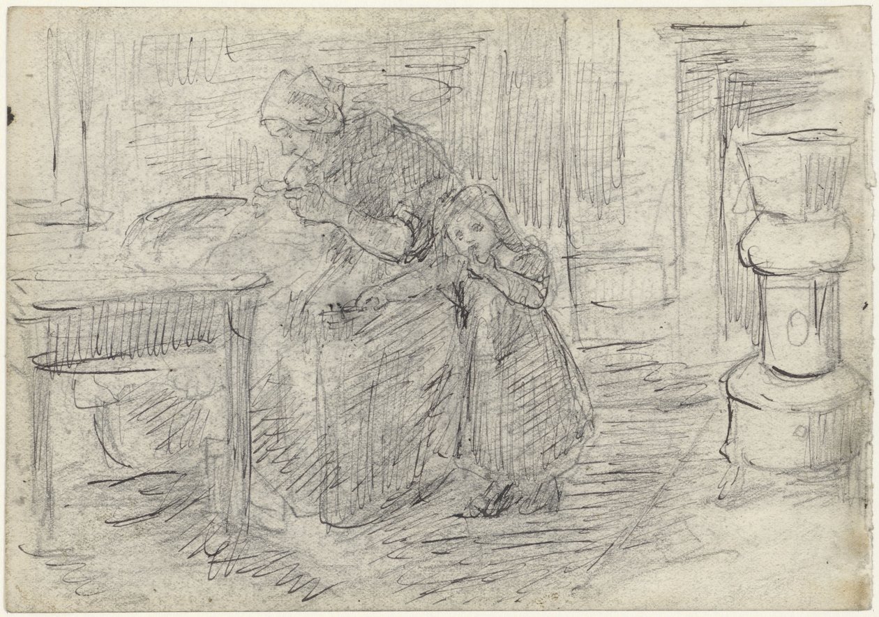 Interieur met handwerkende vrouw met kind door Jozef Israëls
