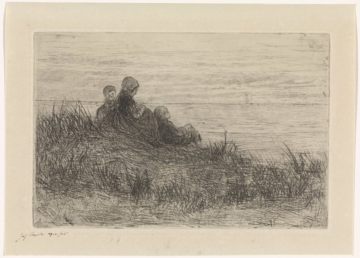 Duinlandschap met moeder en kinderen door Jozef Israëls (signed by artist)