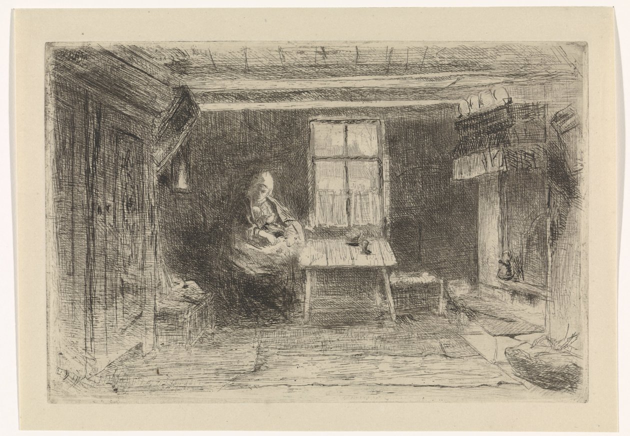 Interieur met moeder en kind door Jozef Israëls
