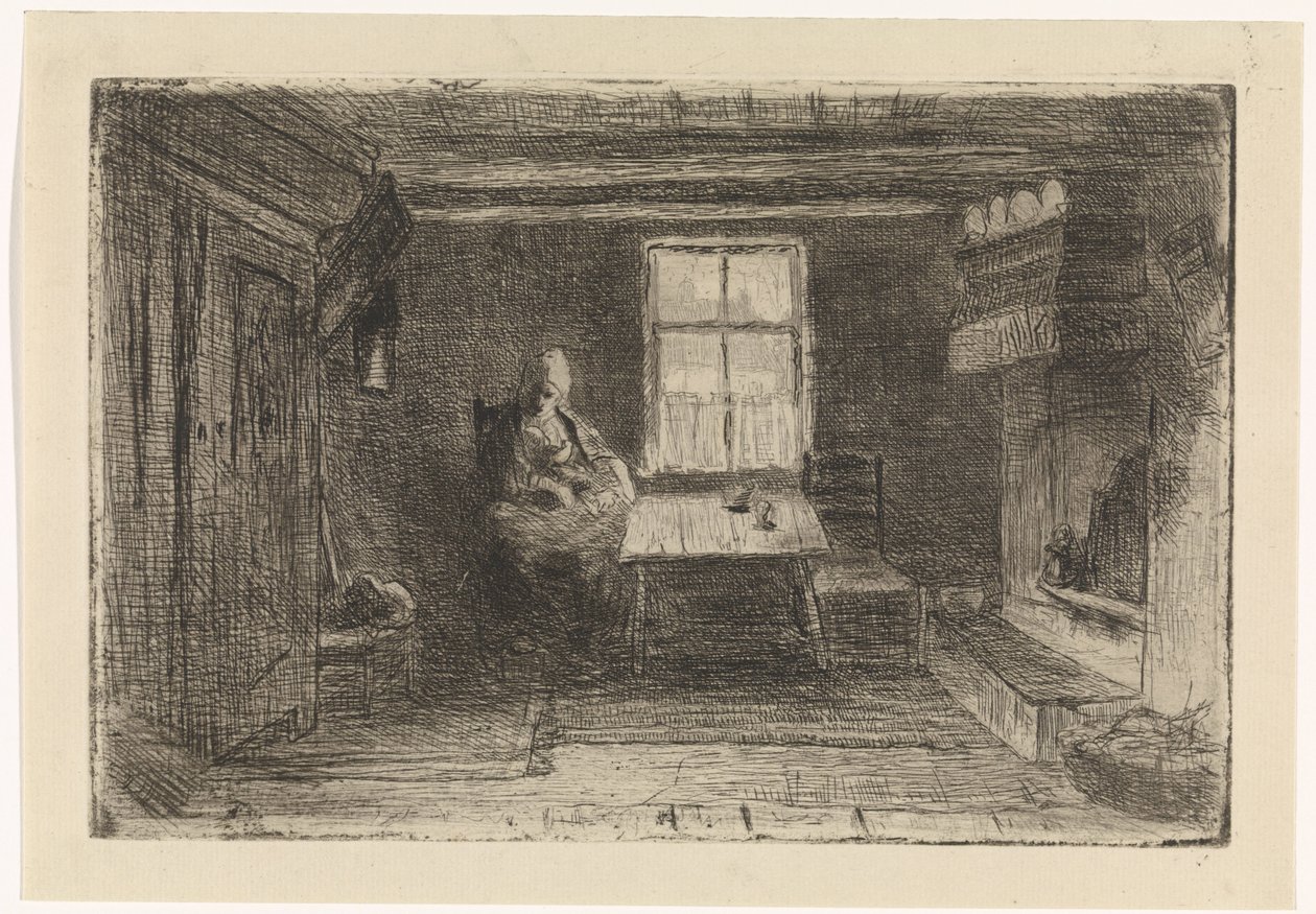 Interieur met moeder en kind door Jozef Israëls