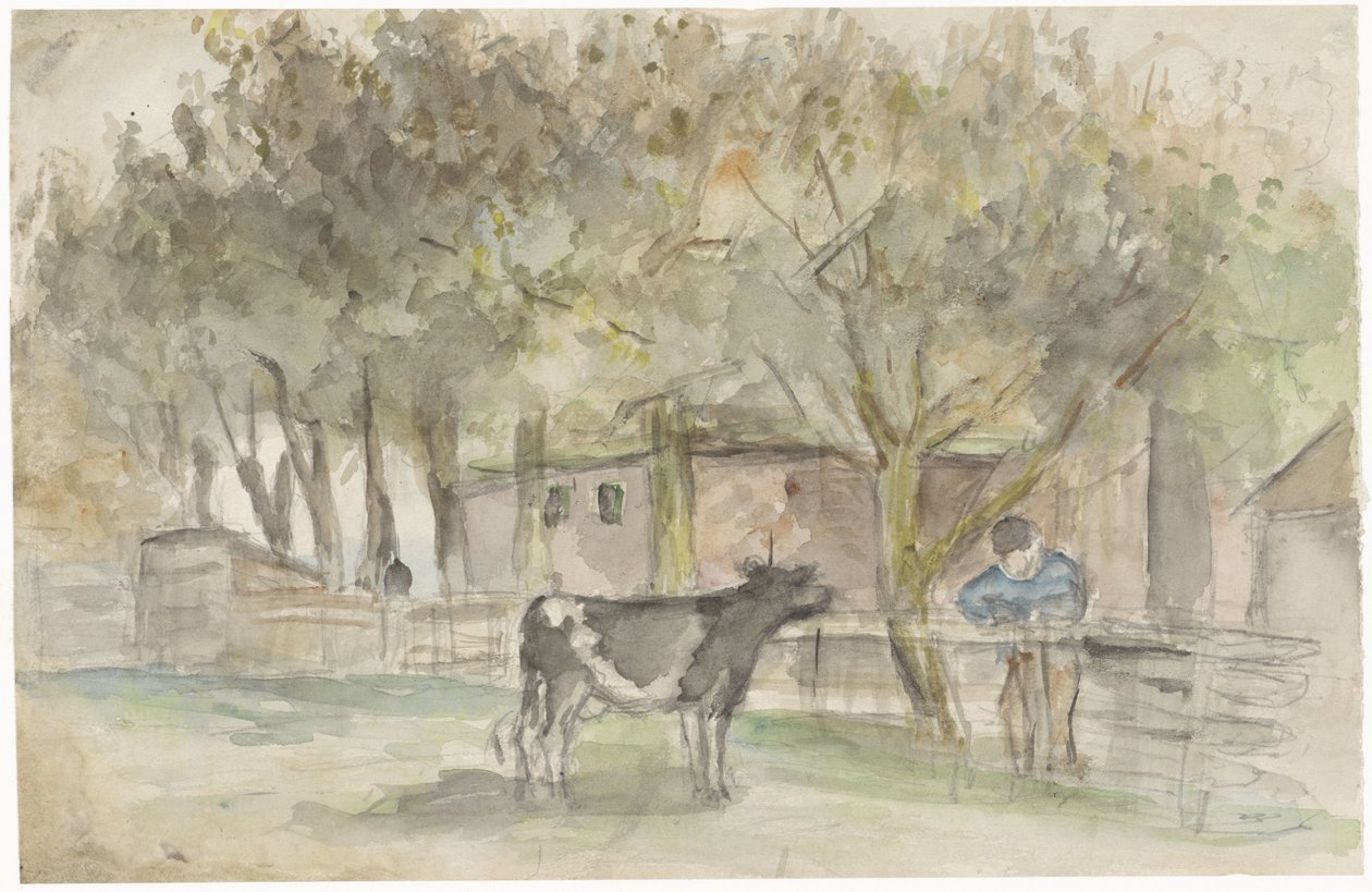 Landschap met een koe en een boer door Jozef Israëls