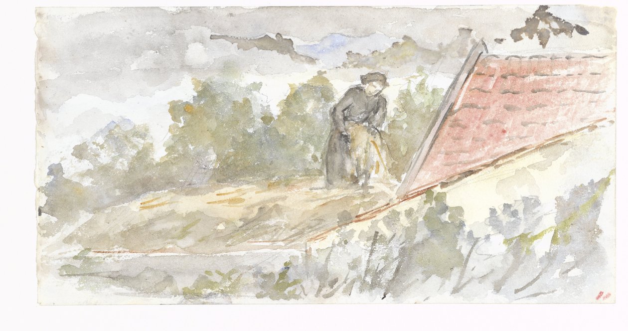Landschap met vrouw en dak van een huis door Jozef Israëls