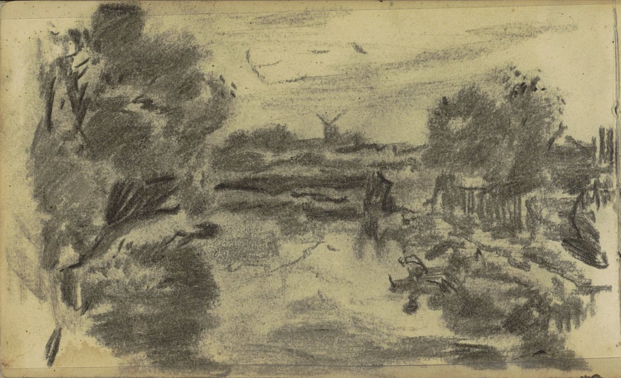 Landschap met water en een molen door Jozef Israëls