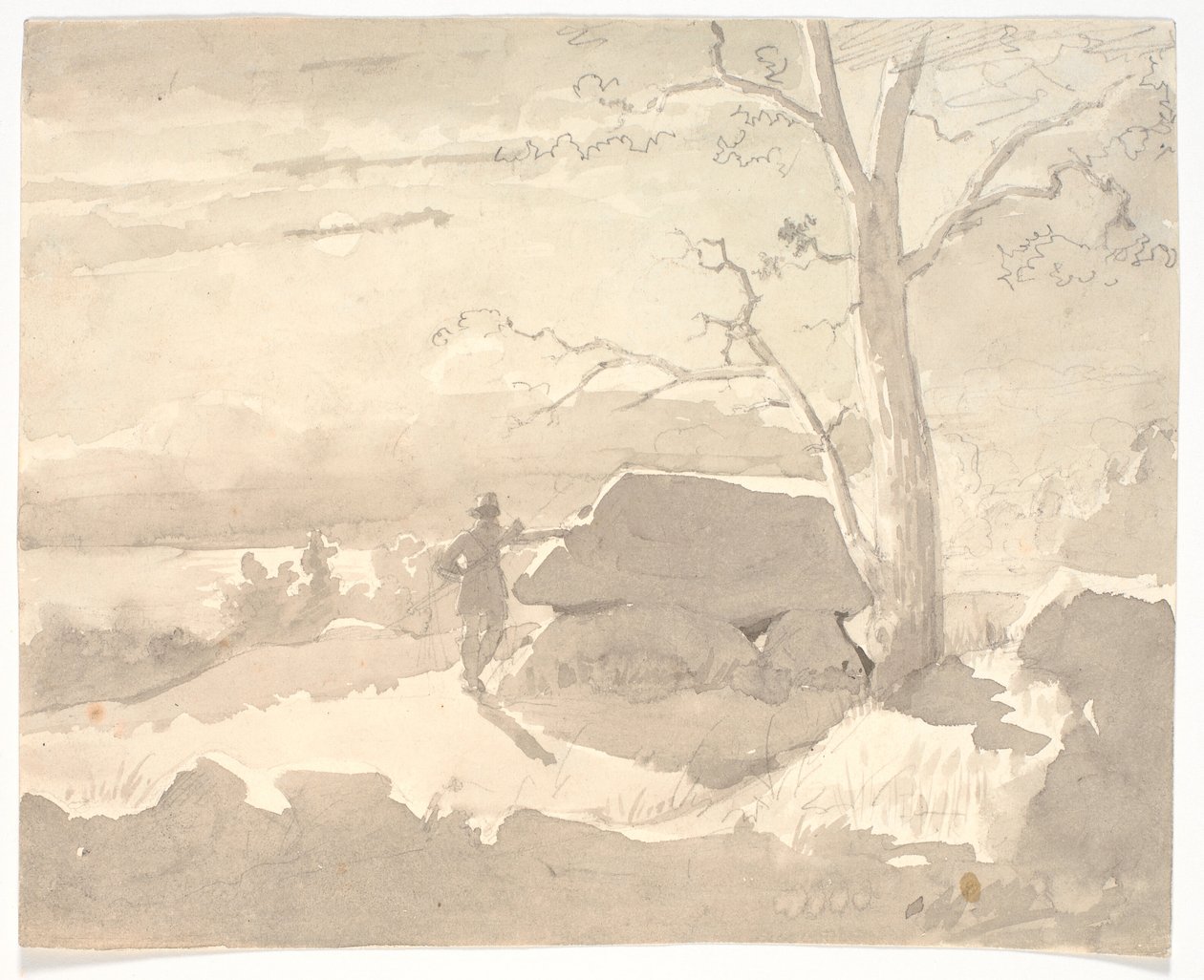 Landschap in maanlicht. Een jager naast een dolmen door Jørgen Roed