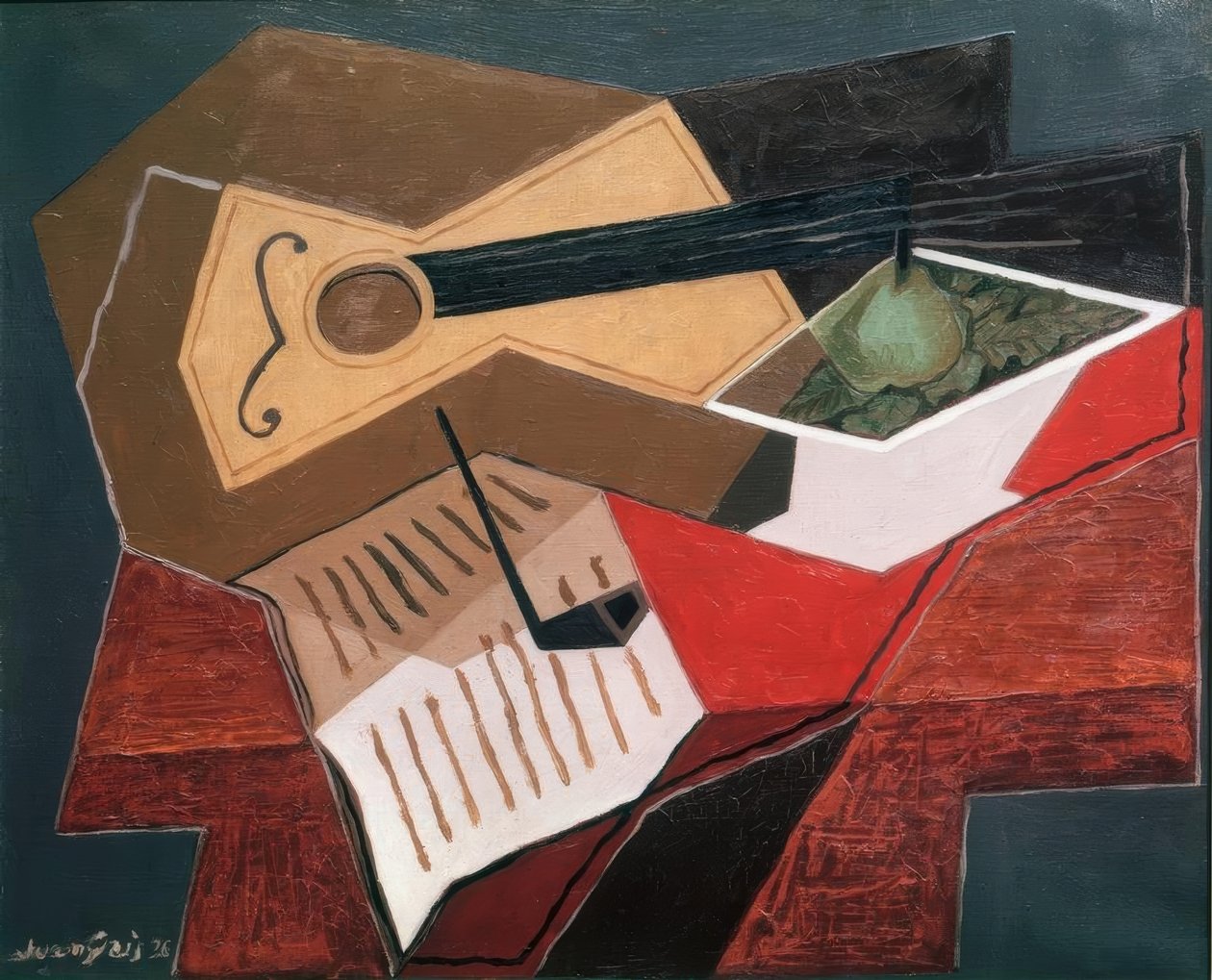 Gitaar en fruitschaal door Juan Gris