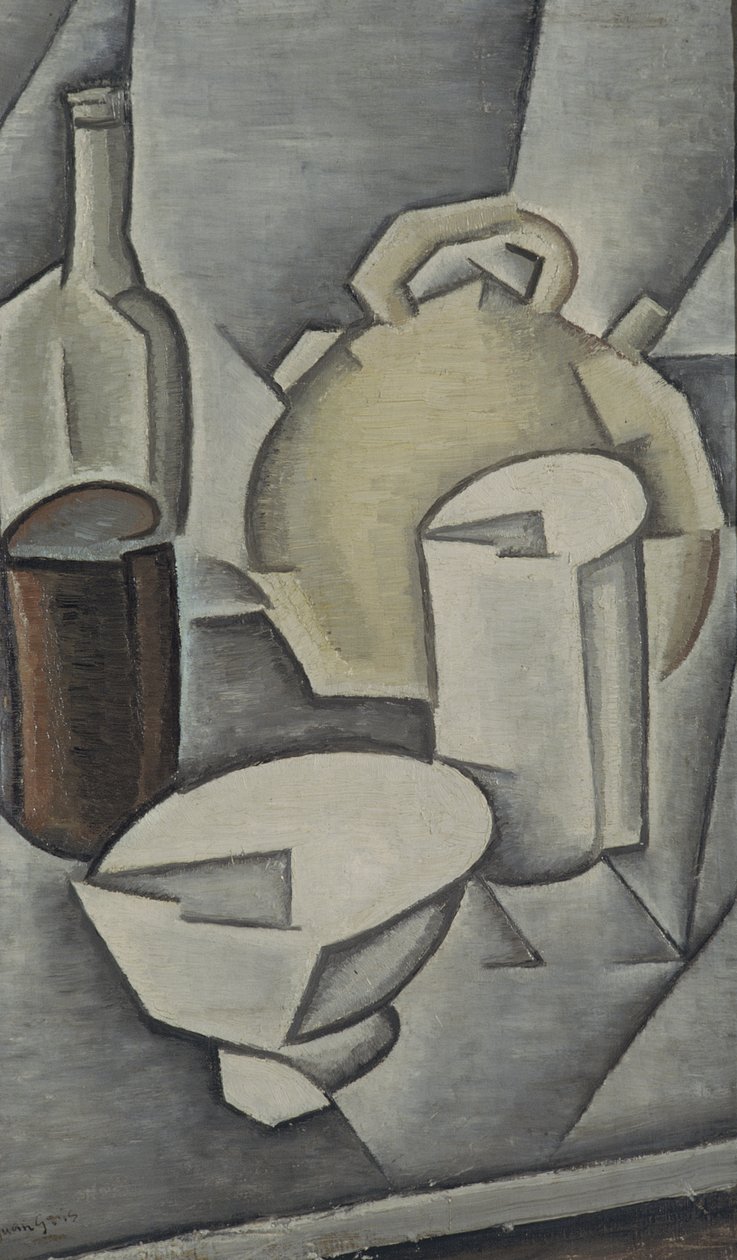 Stilleven met een Fles Wijn en een Aardewerken Waterkruik, 1911 door Juan Gris