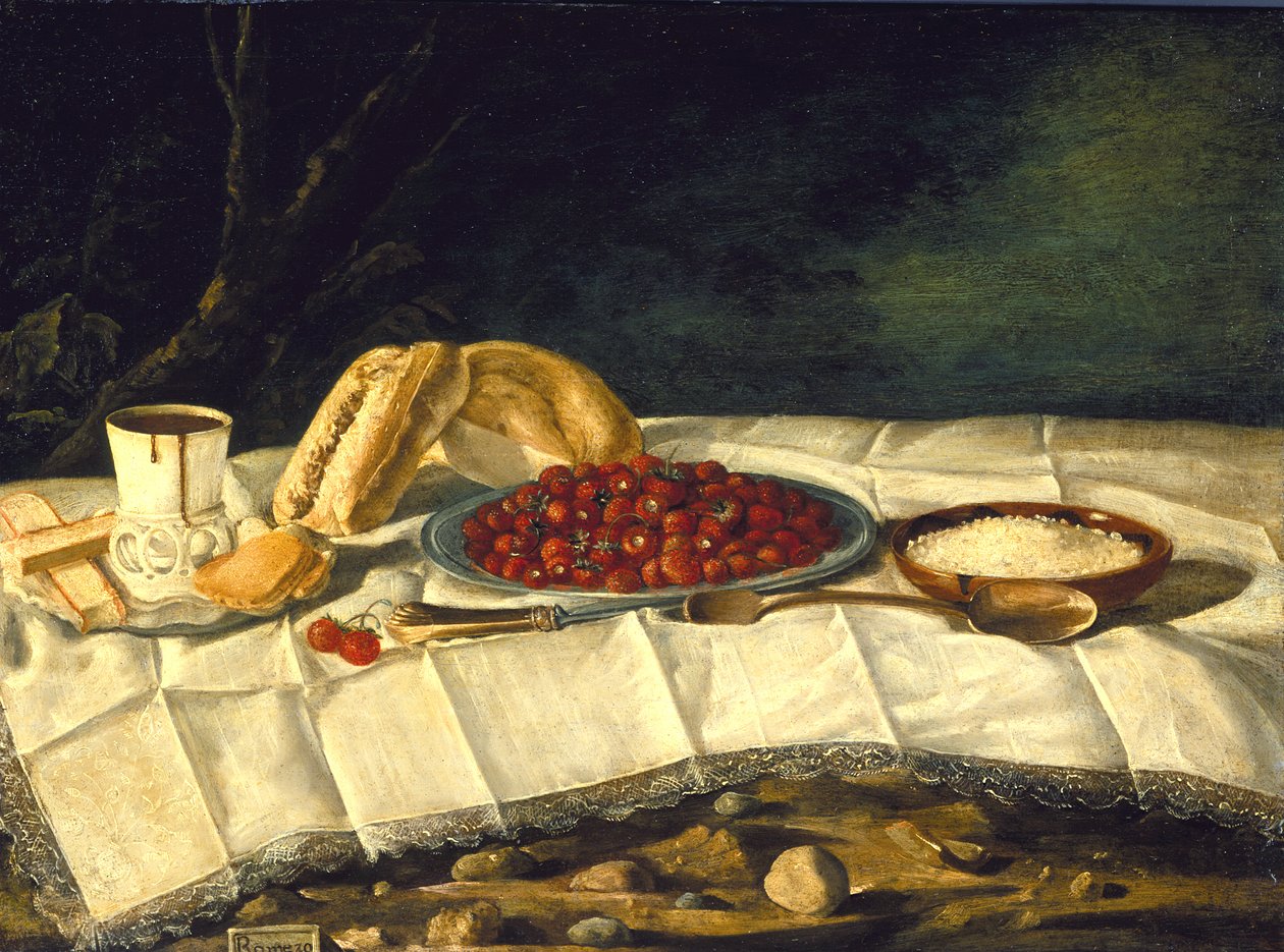 Stilleven met aardbeien en chocolade, ca. 1775-1790 door Juan Bautista Romero