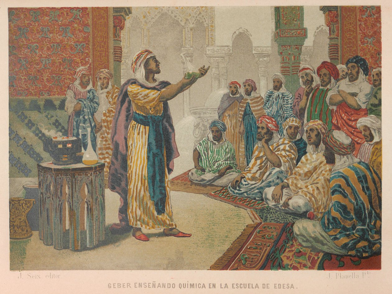 Geber geeft les in chemie aan de school van Edessa, 1879 door Juan Planella y Rodríguez