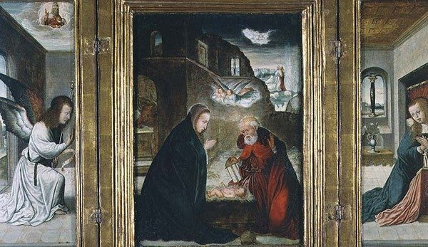 De Geboorte van Christus Drieluik met de Geboorte geflankeerd door de Aankondiging door Juan de (school of) Flandes