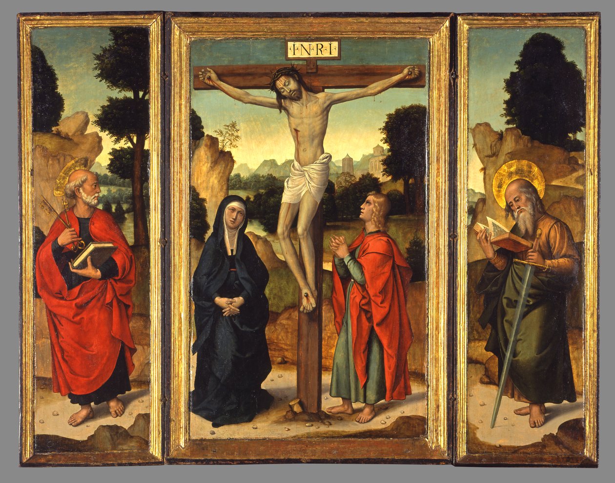 Kruisiging met de Maagd en de heiligen Johannes de Evangelist, Petrus en Paulus, ca. 1520-1540 door Juan de Borgoña