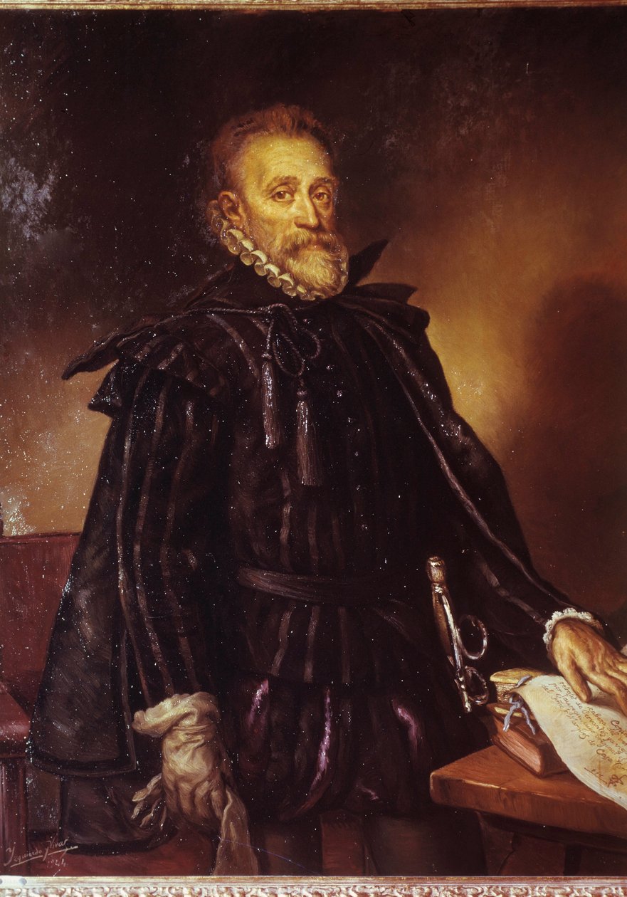 Portret van Miguel de Cervantes, Spaanse schrijver door Juan de Jauregui y Aguilar