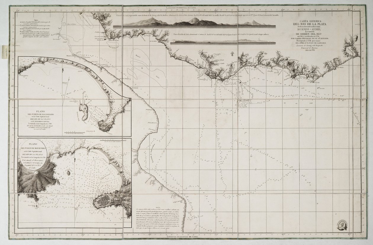Kaart van Zuid-Amerika en de Atlantische kust door Juan de Langara